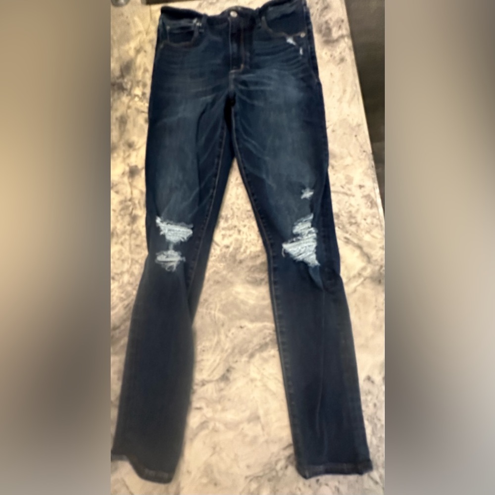 Abercrombie and Fitch, dark blue distressed jeans with stretch